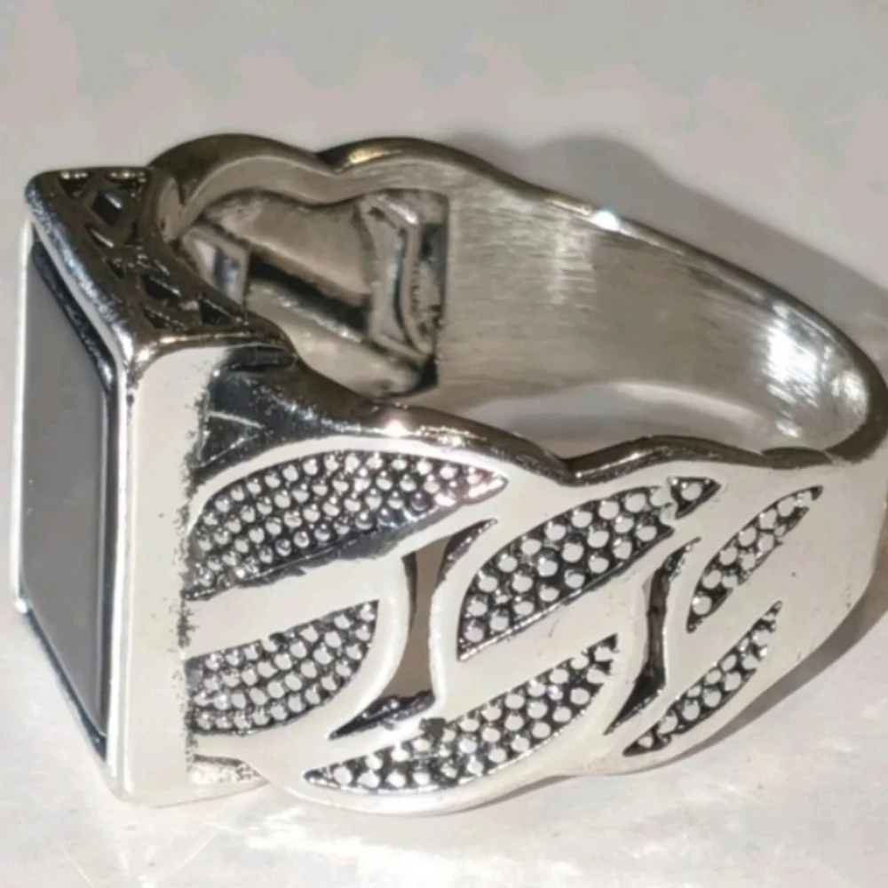 14k White gold Plated Over Sterling silver Turkish Gemstone Black Onyx Mens Ring